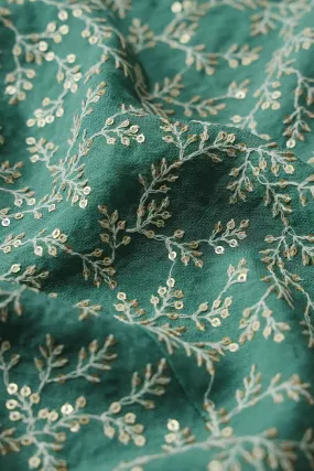 3.25 Meter Cut Piece Of White Thread With Gold Sequins Leafy Embroidery On Teal Georgette Fabric