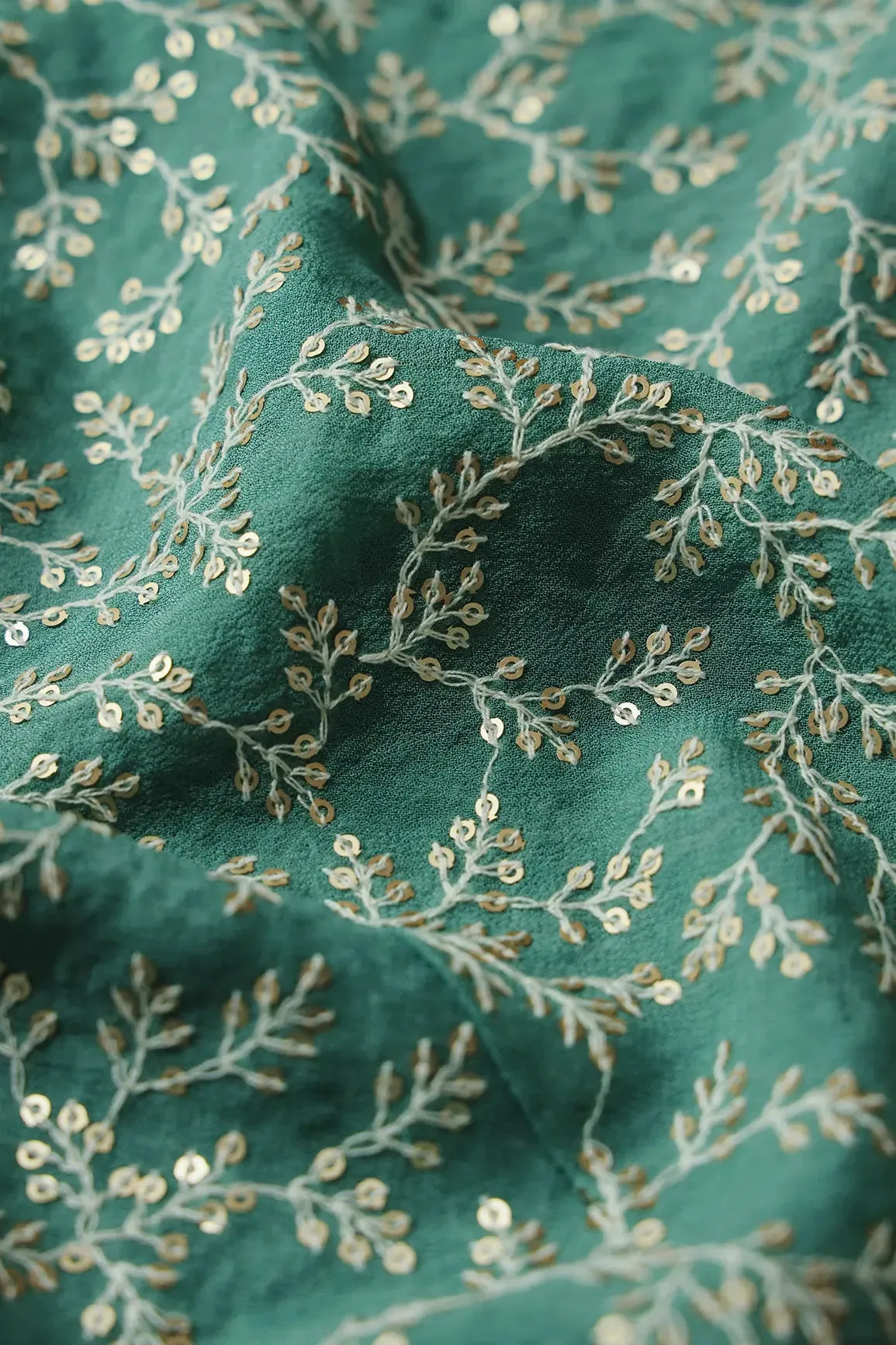 3.25 Meter Cut Piece Of White Thread With Gold Sequins Leafy Embroidery On Teal Georgette Fabric
