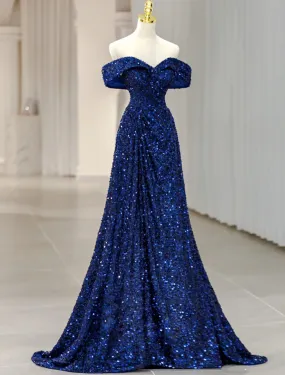 A-Line Evening Gown Sparkle Shine Dress Formal Sleeveless Off Shoulder Sequined with Glitter