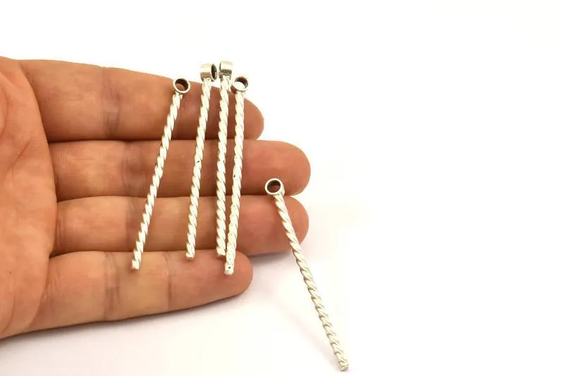 Antique Silver Brass Bar Pendant, 3 Antique Silver Plated Brass Textured  Pendant with 1 Loop (55mm) N0363 H0046