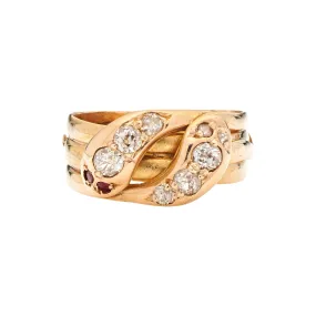Antique Victorian 18k Intertwined Double Diamond Headed Snakes w/Ruby Eyes Ring