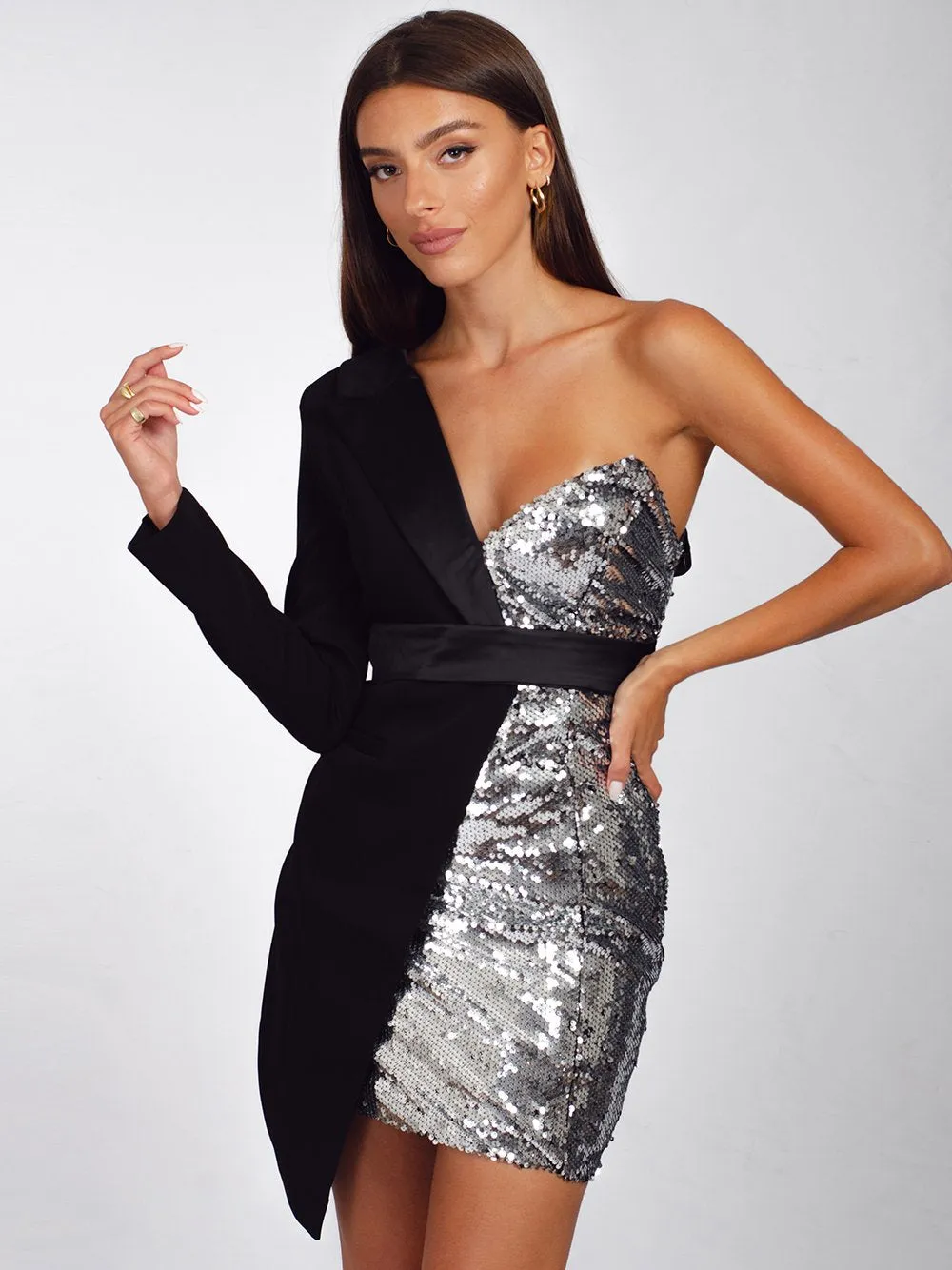 BAKATA Silver Half Sequinned Asymmetrical Mini Dress
