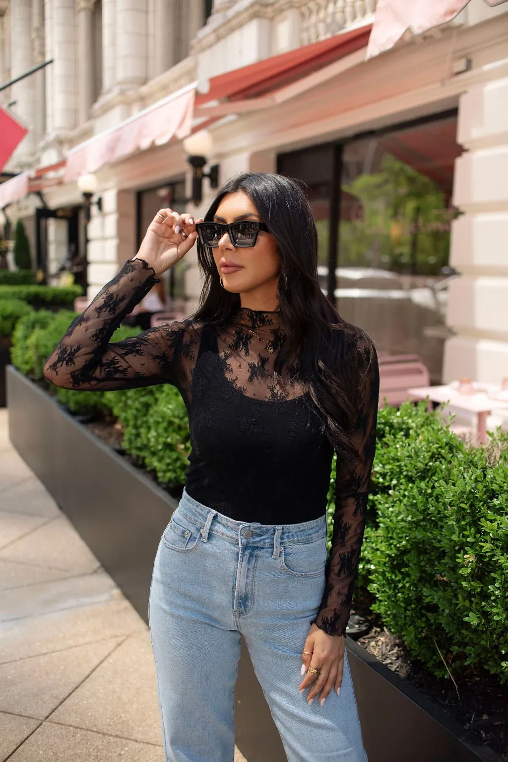 Black Mesh Long Sleeve Top