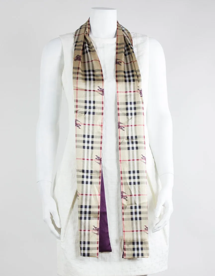 Burberry Scarf With Front Design As The Traditional Plaid With A Purple Burberry Insignia