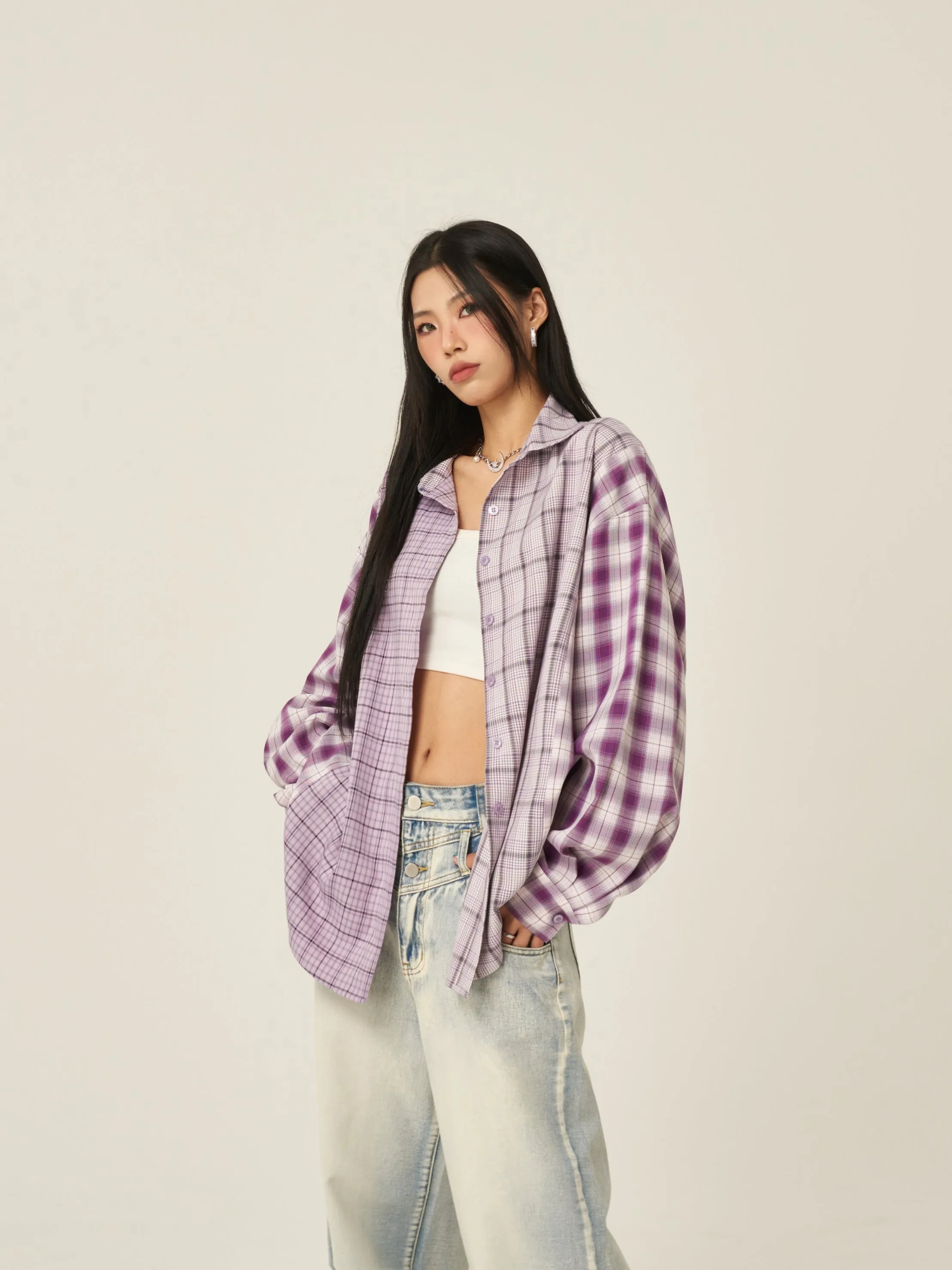 Camila Purple Plaid Long Sleeve Button Up Boyfriend Shirt Top