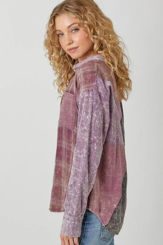 Color Blocked Washed Button Down Shirt - Dusty Lavender or Washed Green