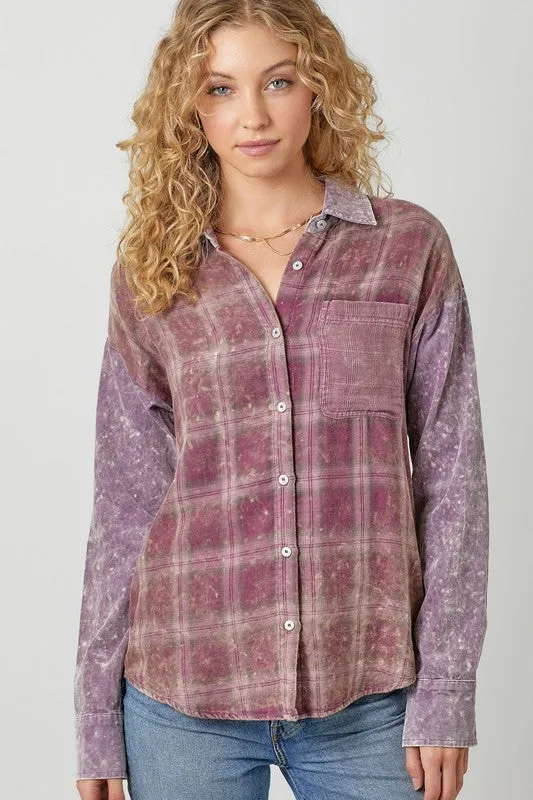 Color Blocked Washed Button Down Shirt - Dusty Lavender or Washed Green