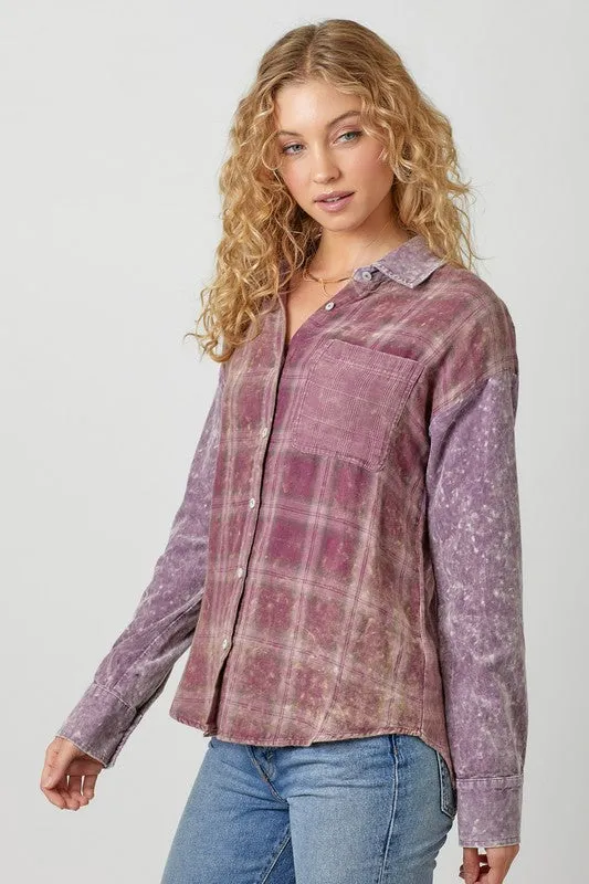 Color Blocked Washed Button Down Shirt - Dusty Lavender or Washed Green