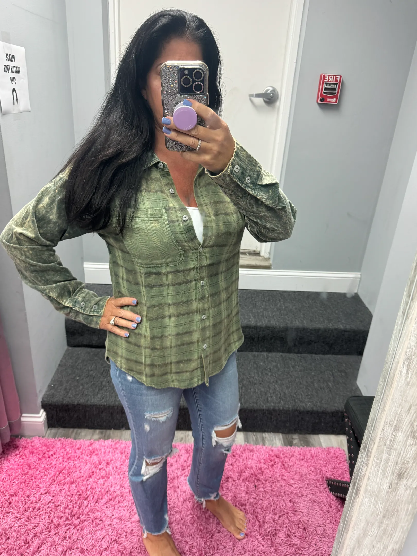 Color Blocked Washed Button Down Shirt - Dusty Lavender or Washed Green