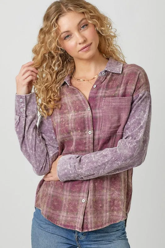 Color Blocked Washed Button Down Shirt - Dusty Lavender or Washed Green
