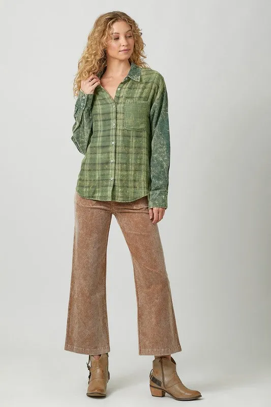 Color Blocked Washed Button Down Shirt - Dusty Lavender or Washed Green