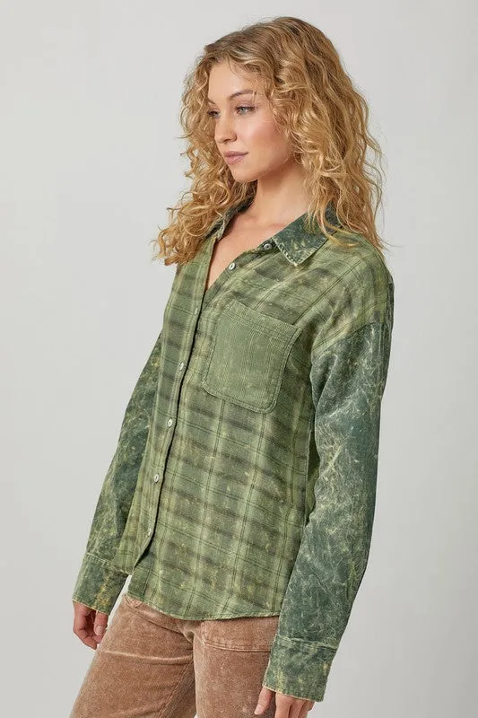 Color Blocked Washed Button Down Shirt - Dusty Lavender or Washed Green