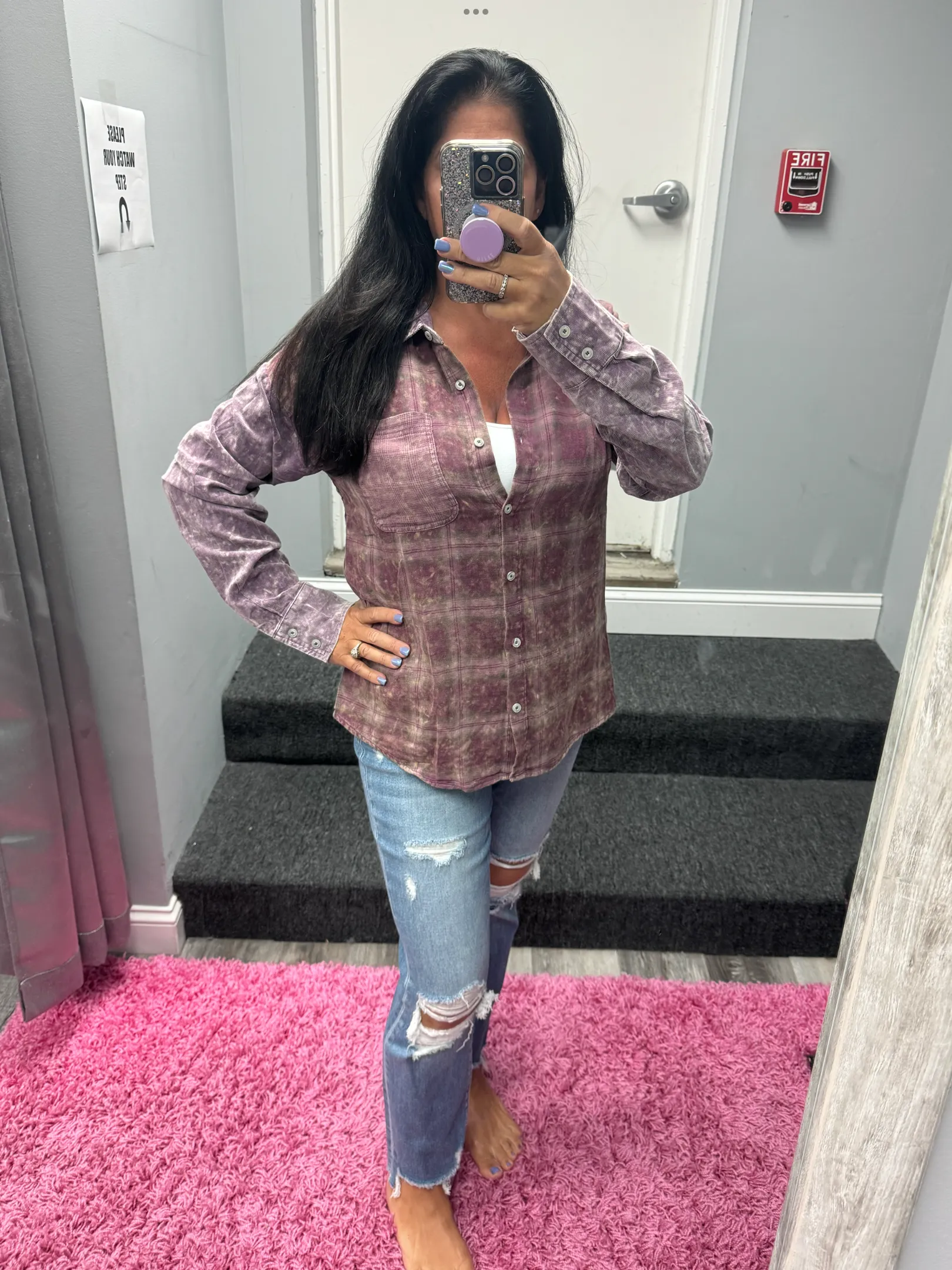 Color Blocked Washed Button Down Shirt - Dusty Lavender or Washed Green