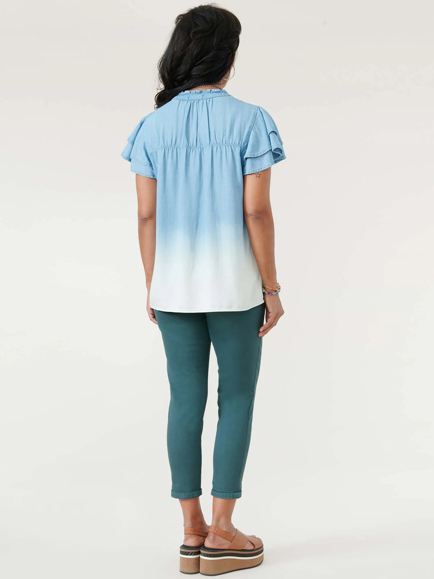 Double Flutter Short Sleeve Ruffle Neck Plus Dip Dye Top