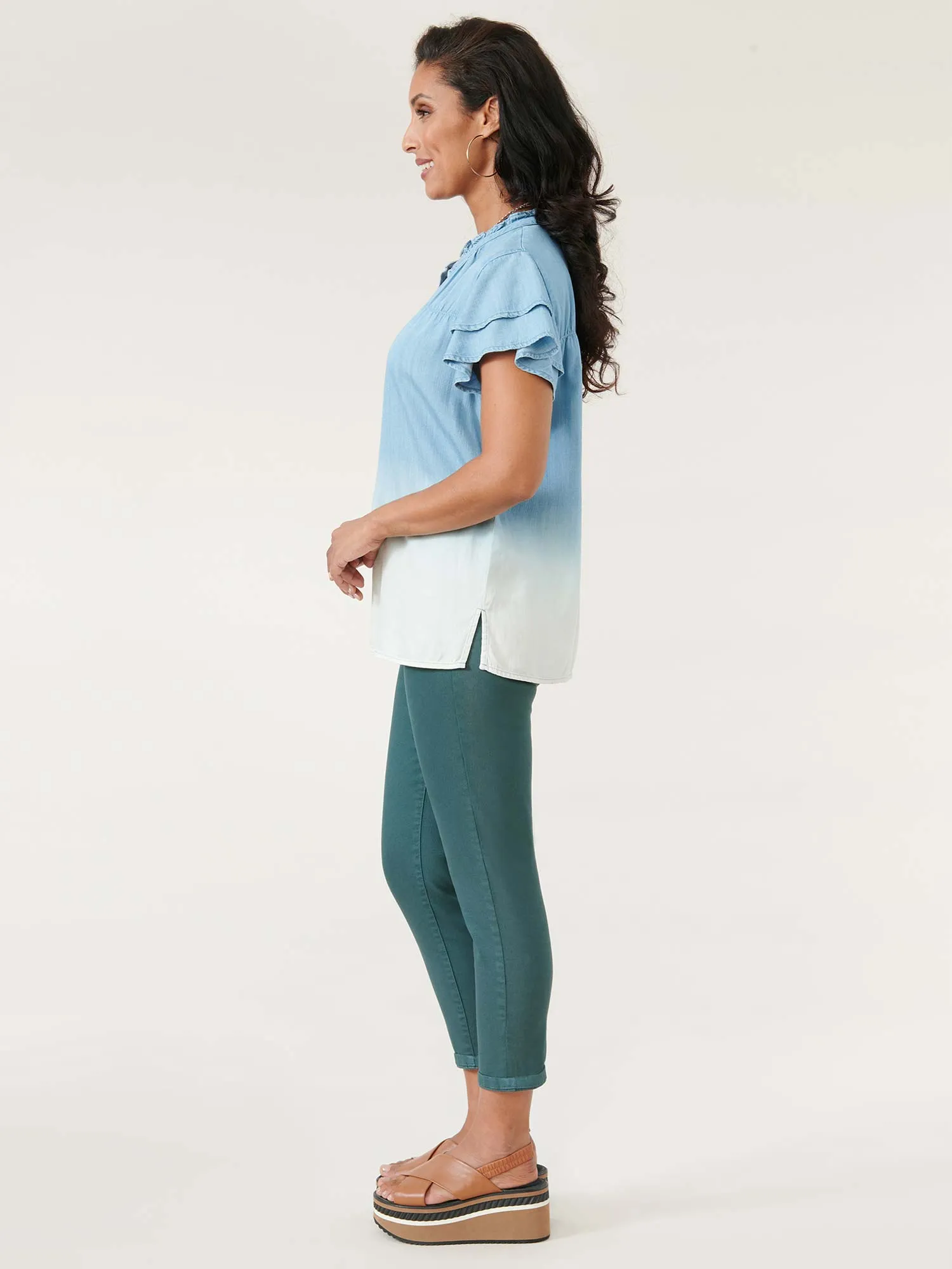 Double Flutter Short Sleeve Ruffle Neck Plus Dip Dye Top
