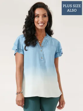 Double Flutter Short Sleeve Ruffle Neck Plus Dip Dye Top