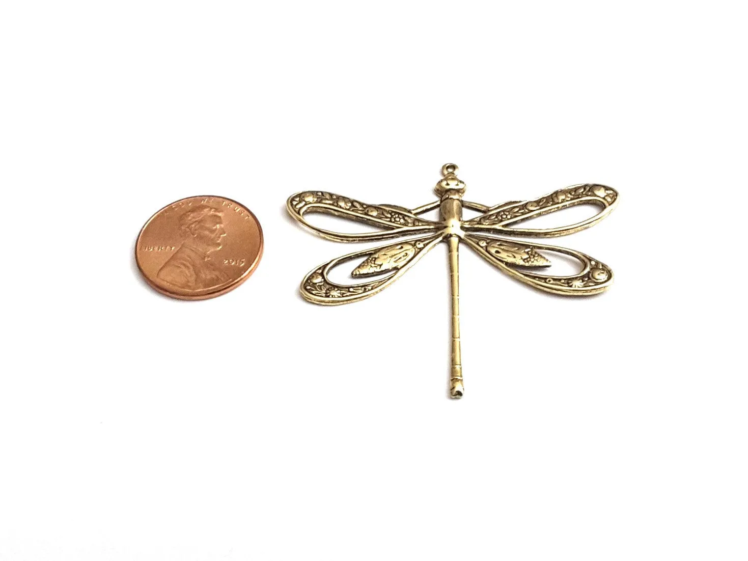 Extra Large Gold Filigree Dragonfly Charm, 1 Loop, 24 Kt Gold Plated Brass, Lot Size 2, #11G