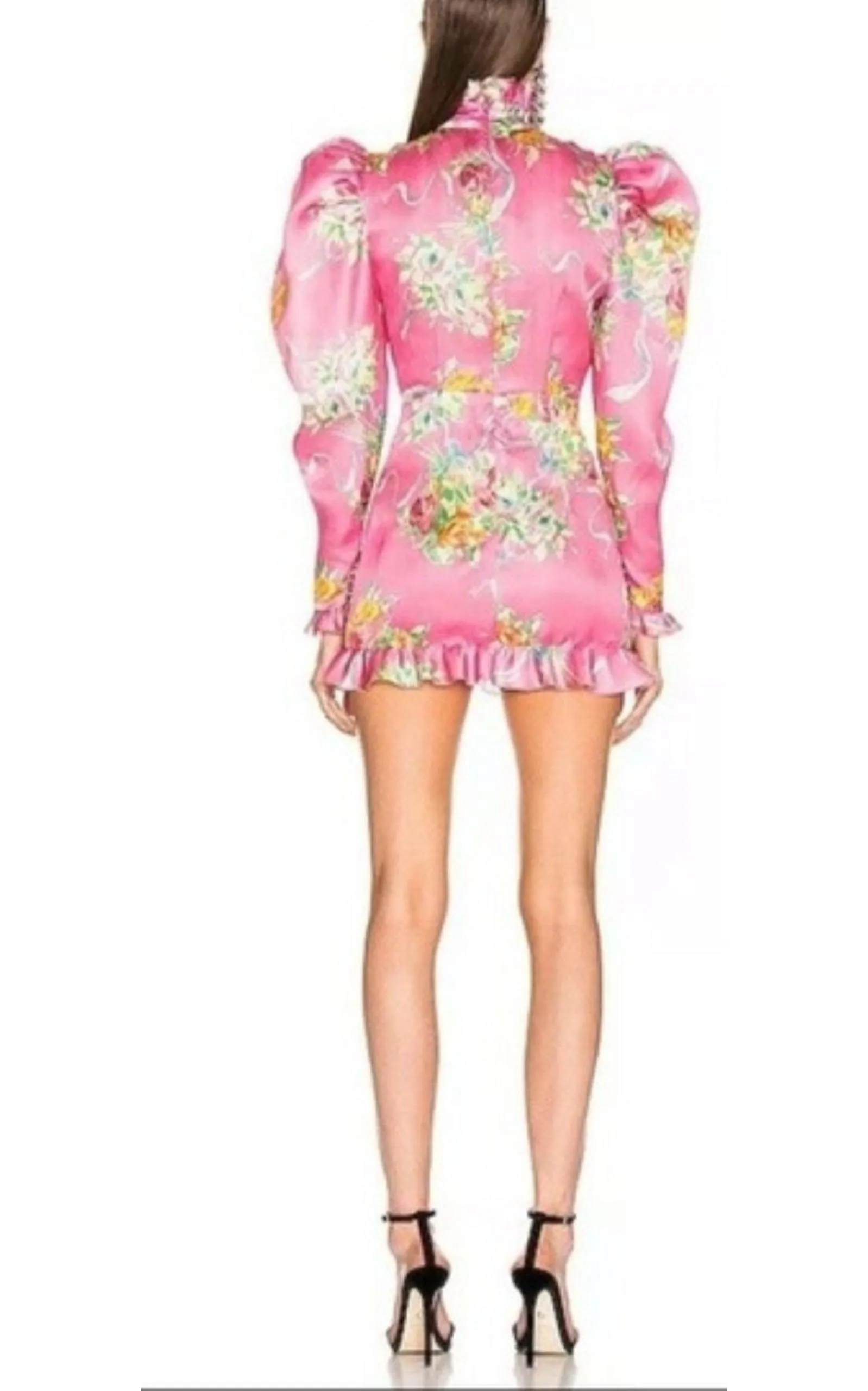 Floral Puff-Sleeve Silk Mini Dress