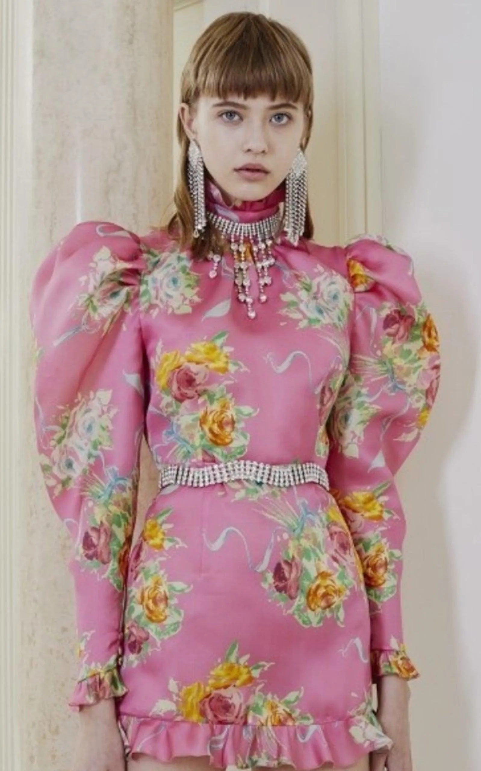 Floral Puff-Sleeve Silk Mini Dress