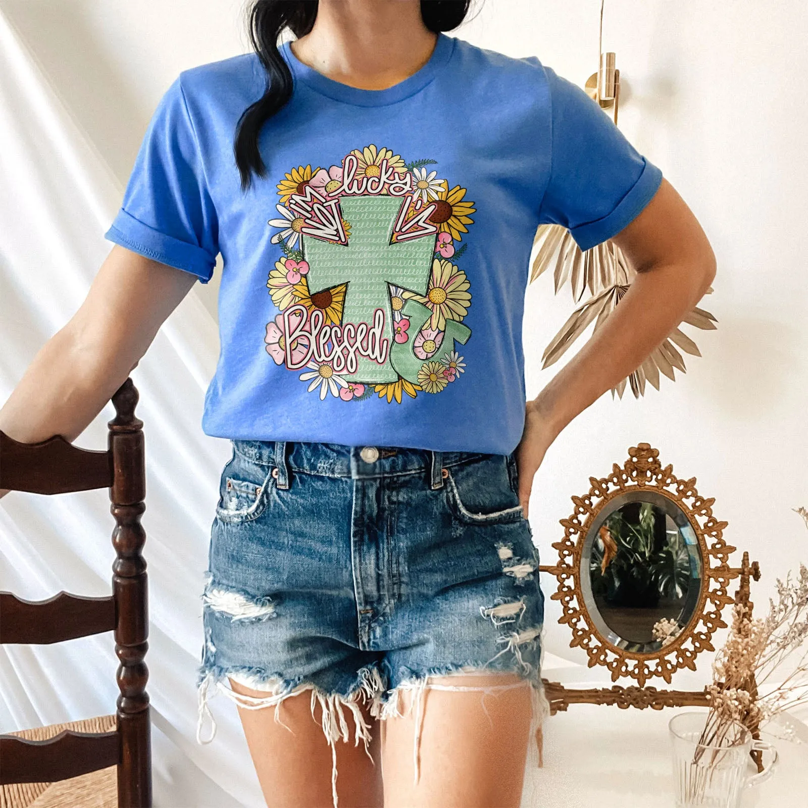 I'm Not Lucky I'm Blessed Floral Cross Tee