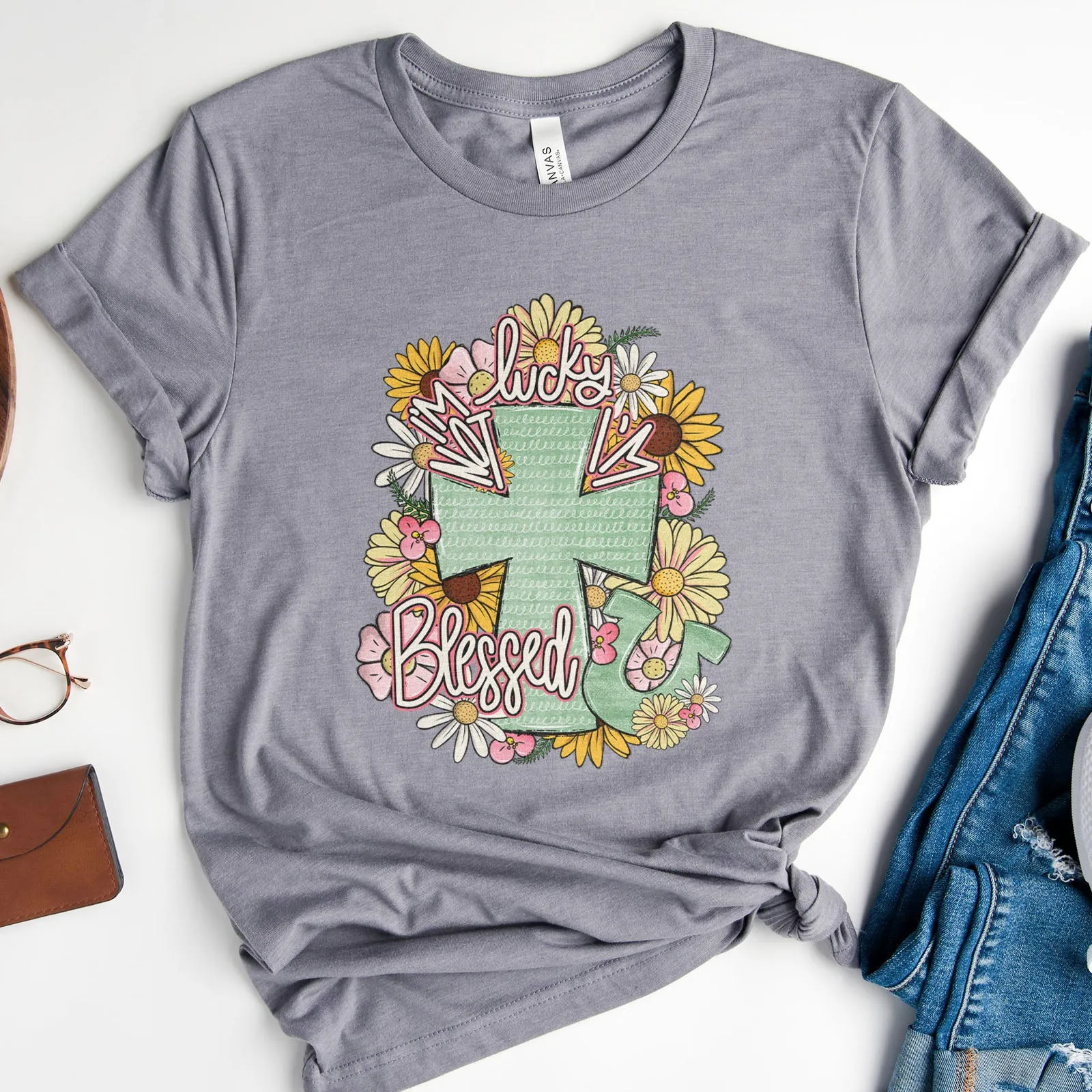 I'm Not Lucky I'm Blessed Floral Cross Tee