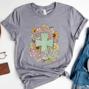 I'm Not Lucky I'm Blessed Floral Cross Tee