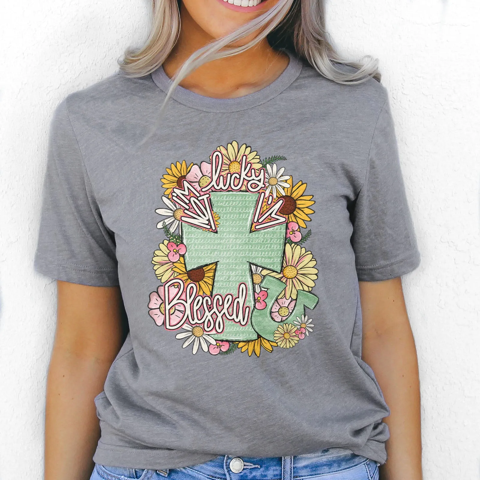 I'm Not Lucky I'm Blessed Floral Cross Tee
