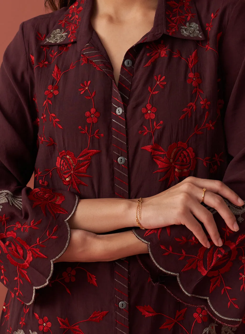 Iqra Burgundy Embroidered Cotton Co-ord Set for Women