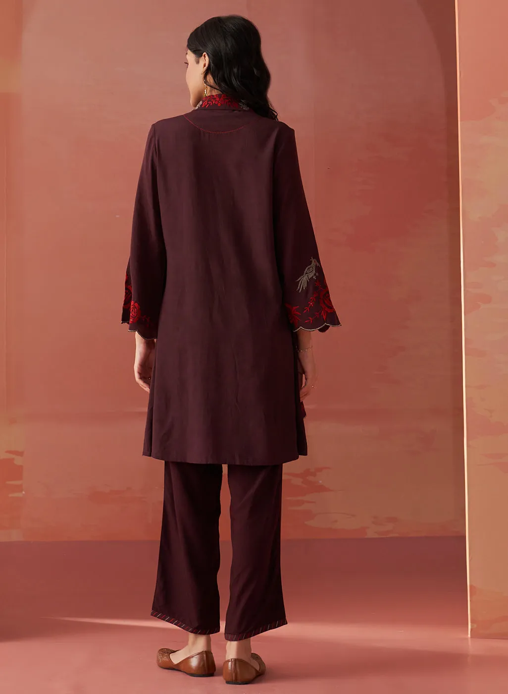 Iqra Burgundy Embroidered Cotton Co-ord Set for Women