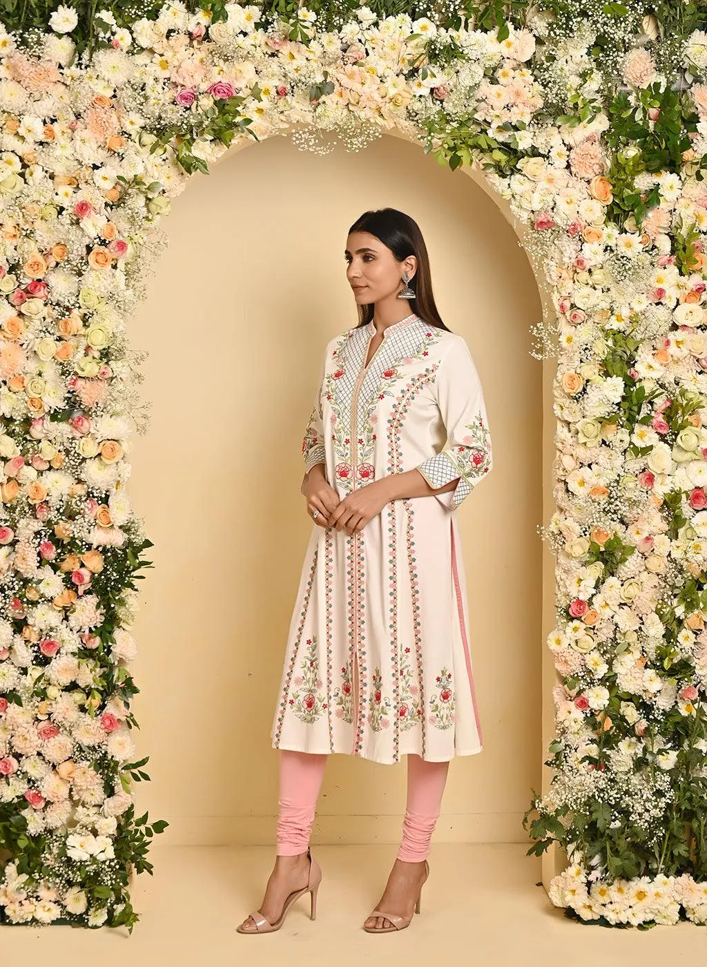 Ivory Long Kurta with All-over work and Mandarin Collar