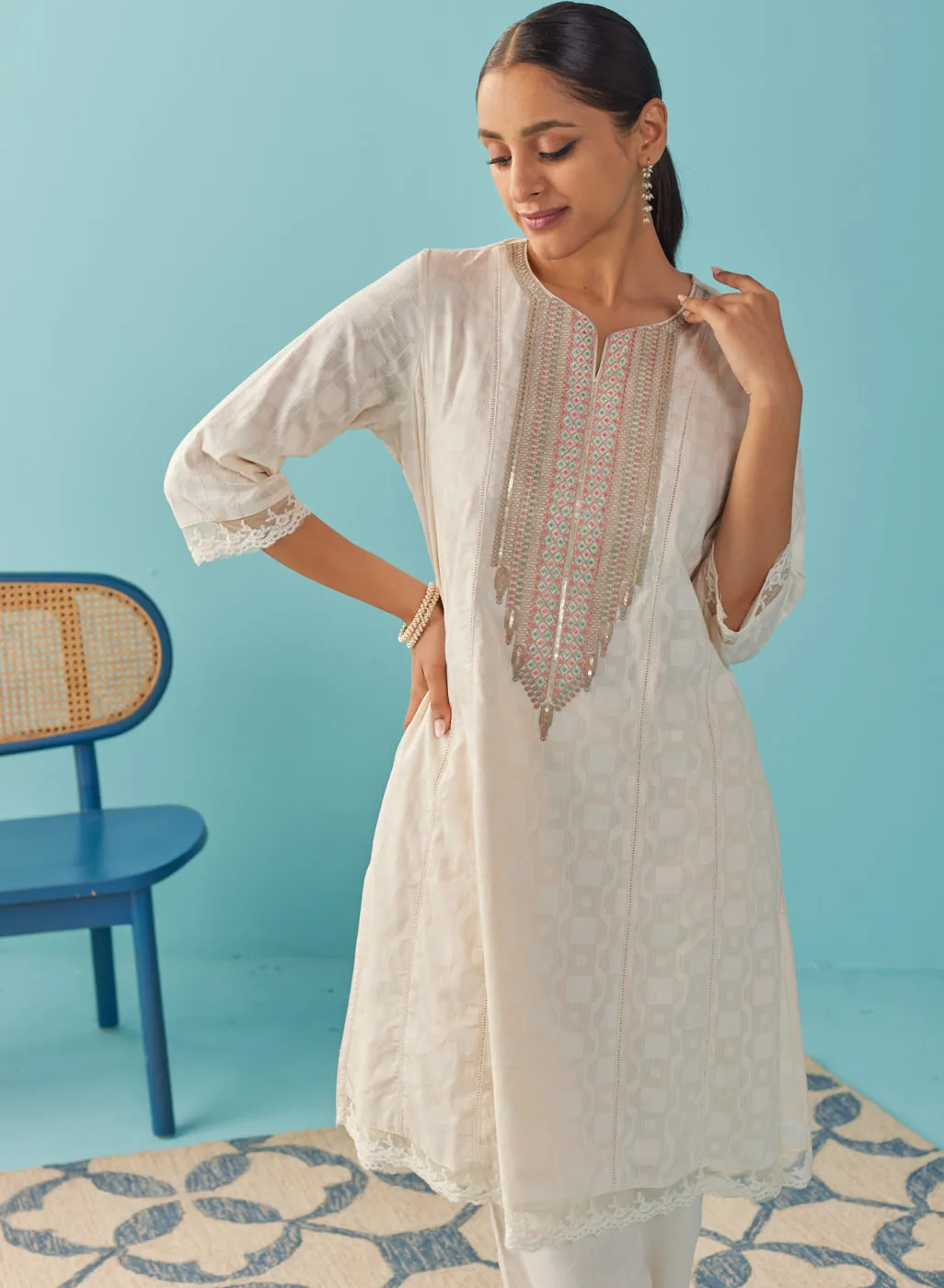 Ivory Textured Kurta set with Multicolor Embroidery