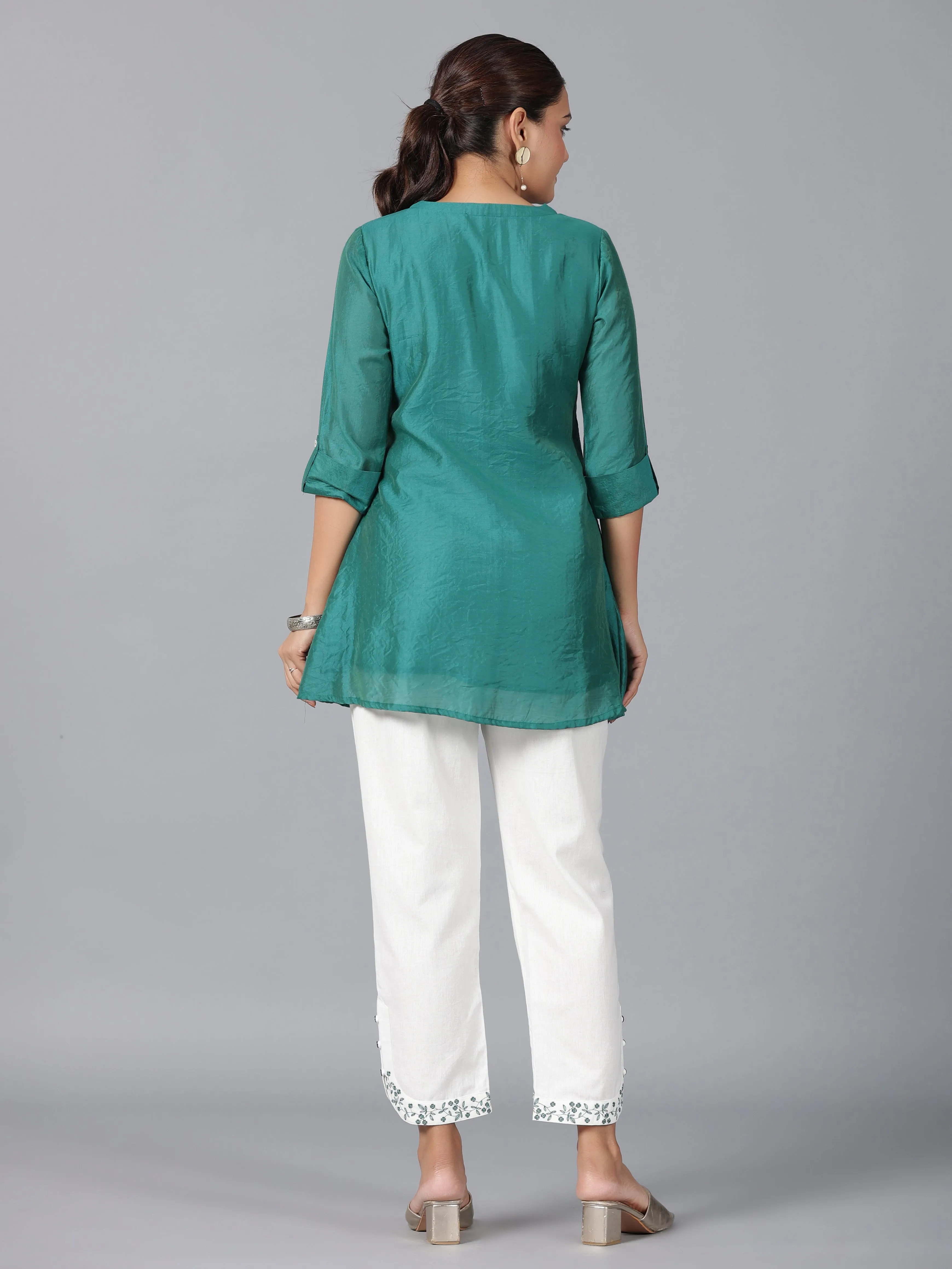 Juniper Women Green Chanderi Embroidered Co-ord  Set