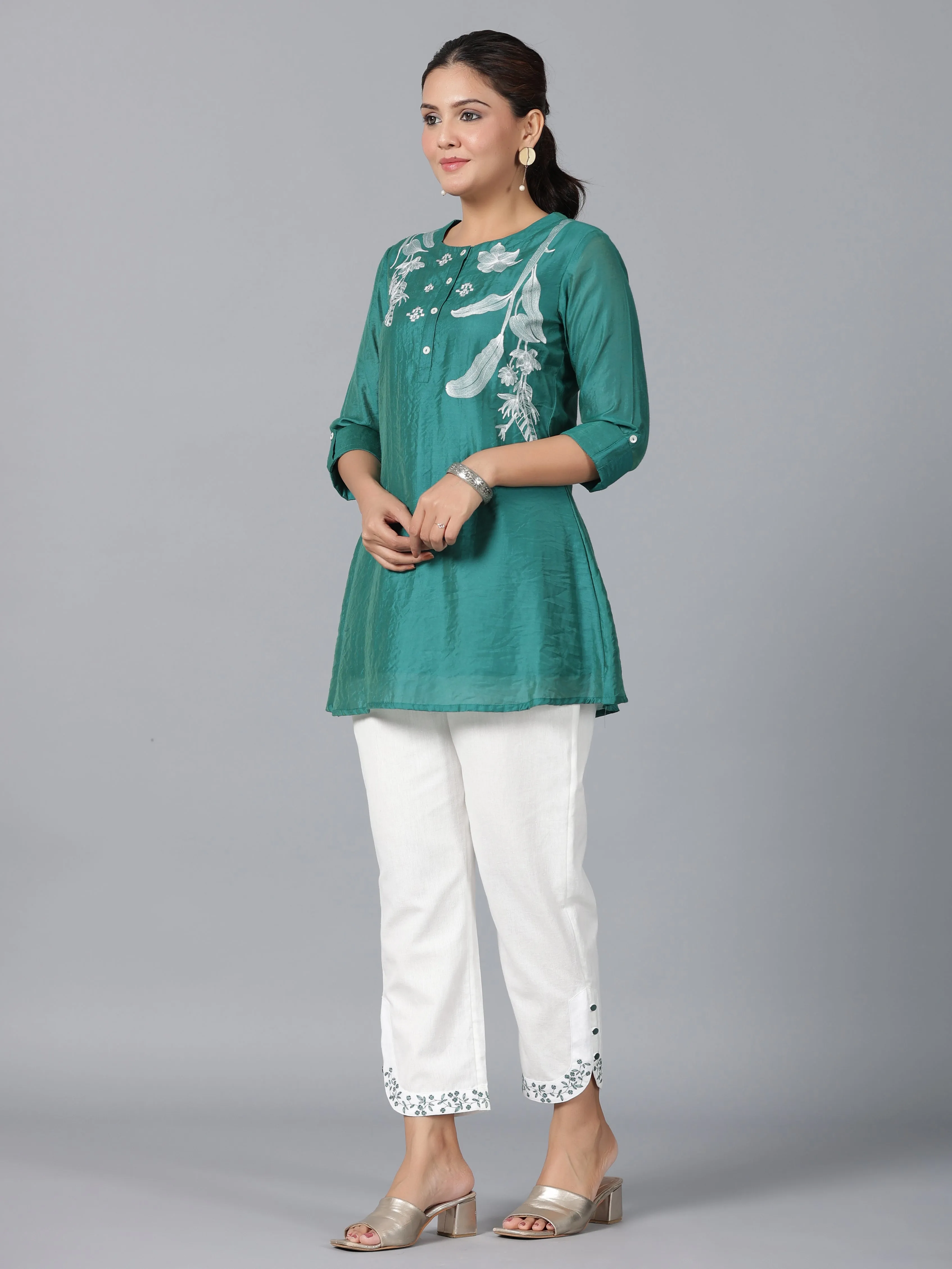 Juniper Women Green Chanderi Embroidered Co-ord  Set