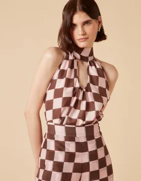 Louise Pink Brown Puzzle Print Silk Voile Top