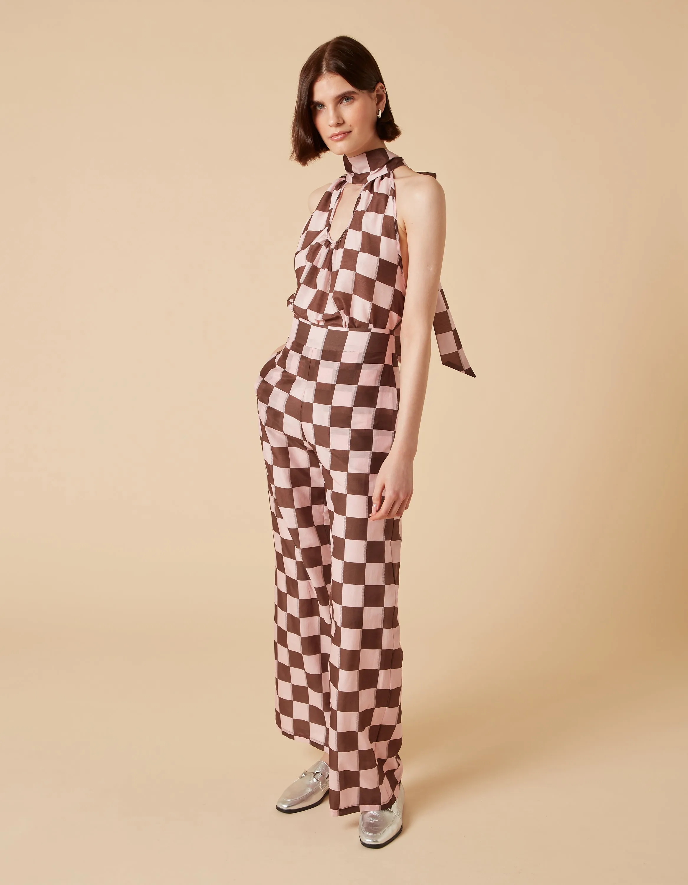Louise Pink Brown Puzzle Print Silk Voile Top