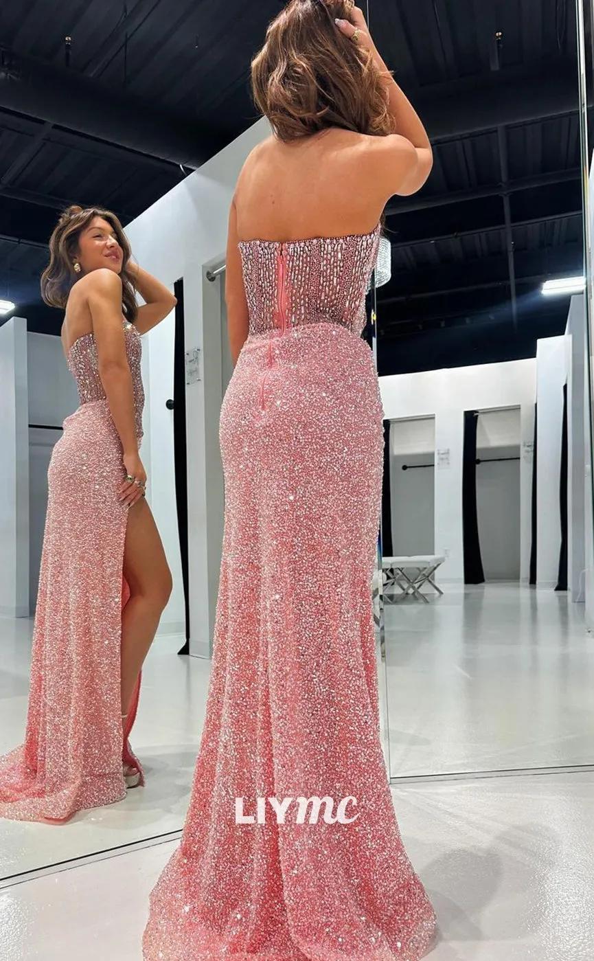 LP1289 - Sweetheart Sequins Rhinestone Ruched Glitter Bodice Burgundy Prom Dress