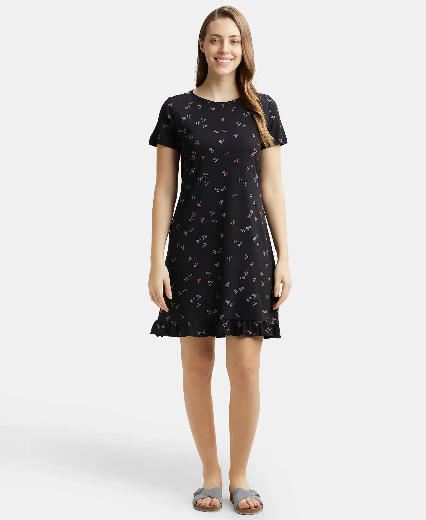 Micro Modal Cotton Ruffled Hem Styled Half Sleeve Printed Sleep Dress - Black