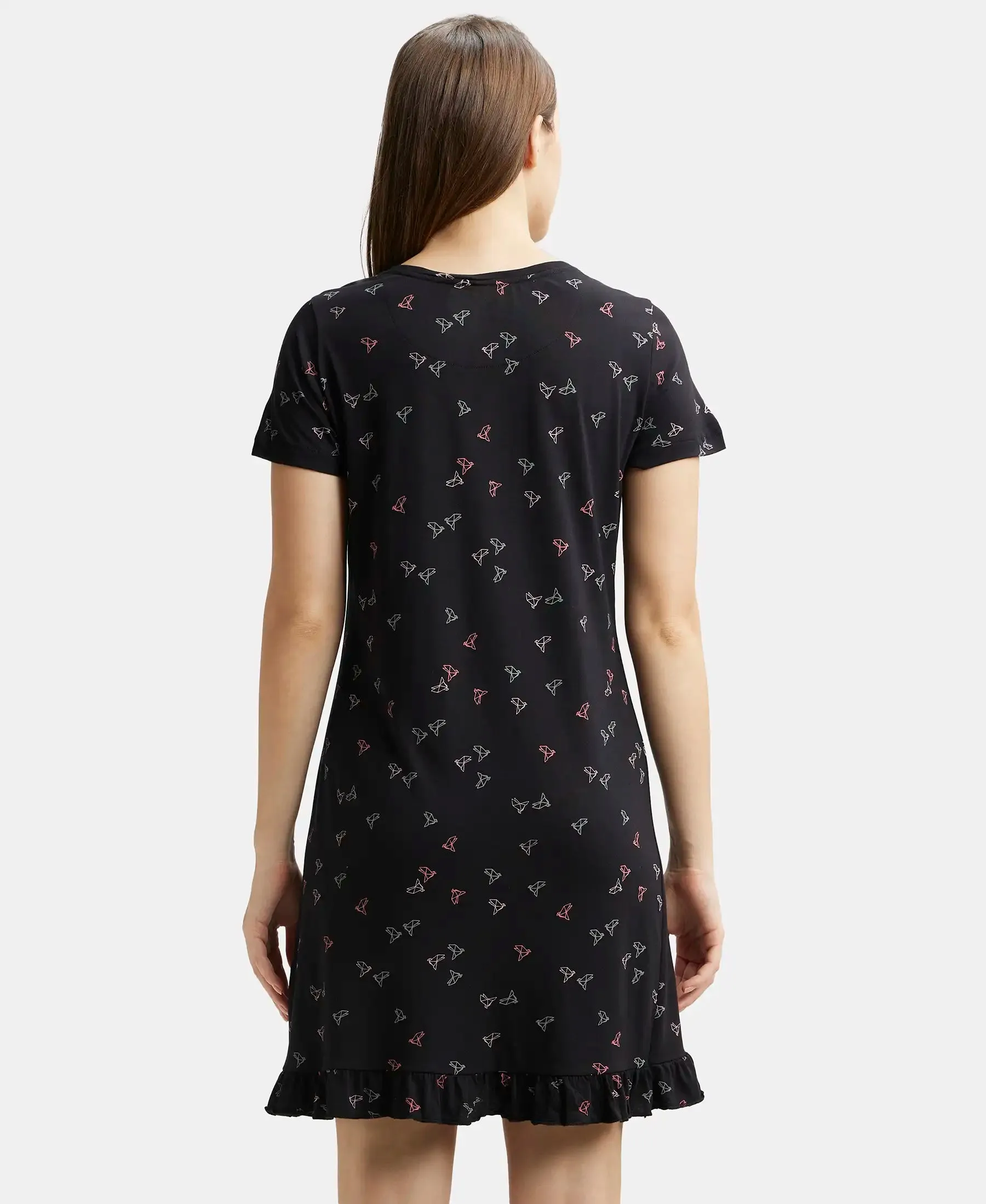 Micro Modal Cotton Ruffled Hem Styled Half Sleeve Printed Sleep Dress - Black