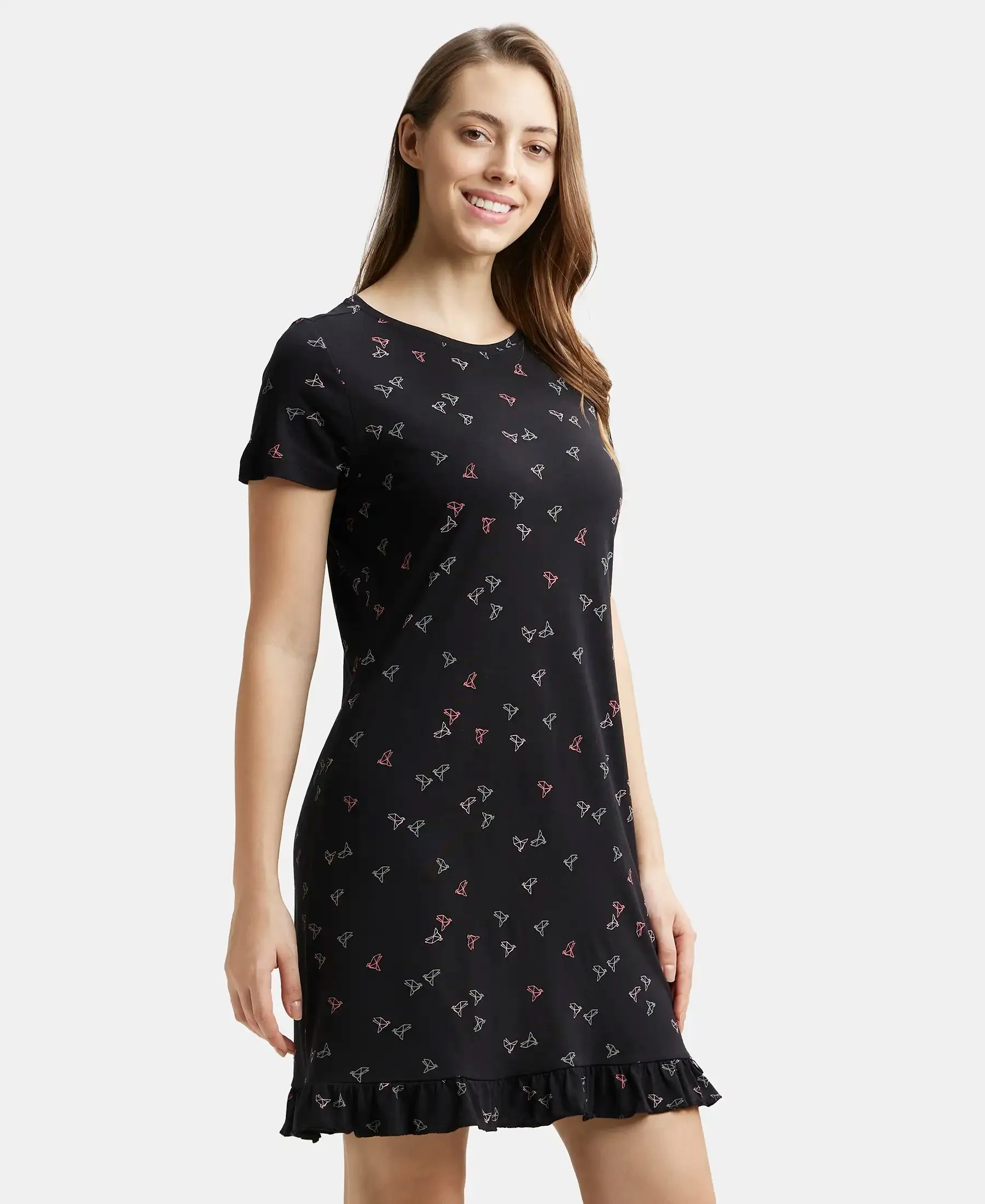 Micro Modal Cotton Ruffled Hem Styled Half Sleeve Printed Sleep Dress - Black