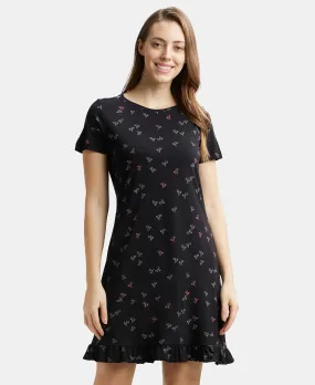 Micro Modal Cotton Ruffled Hem Styled Half Sleeve Printed Sleep Dress - Black