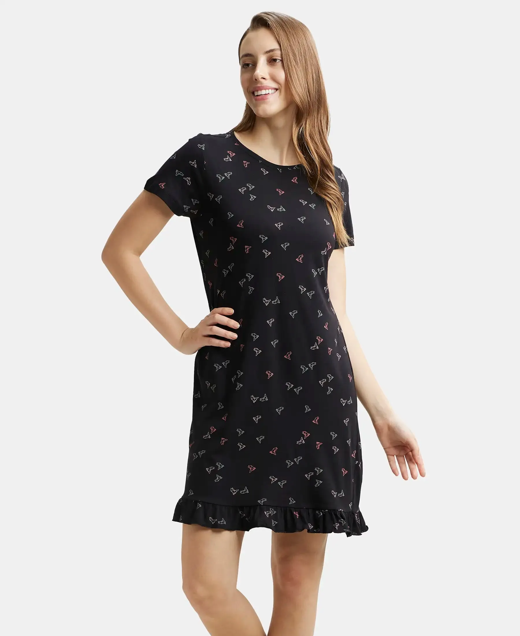 Micro Modal Cotton Ruffled Hem Styled Half Sleeve Printed Sleep Dress - Black