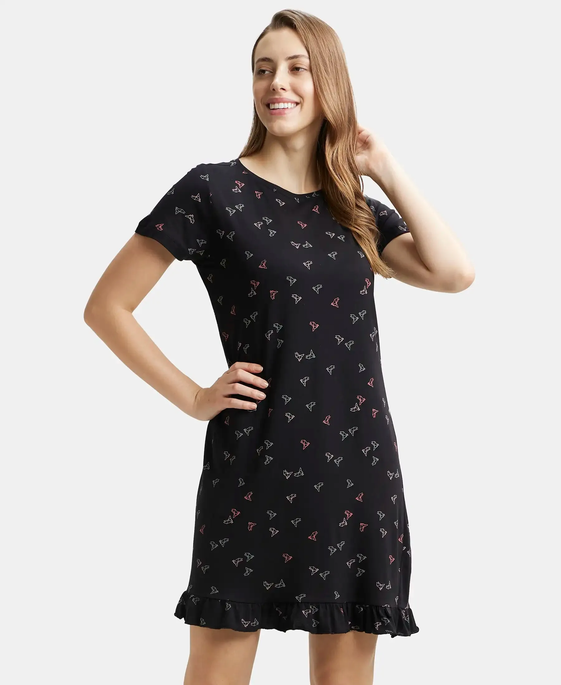 Micro Modal Cotton Ruffled Hem Styled Half Sleeve Printed Sleep Dress - Black