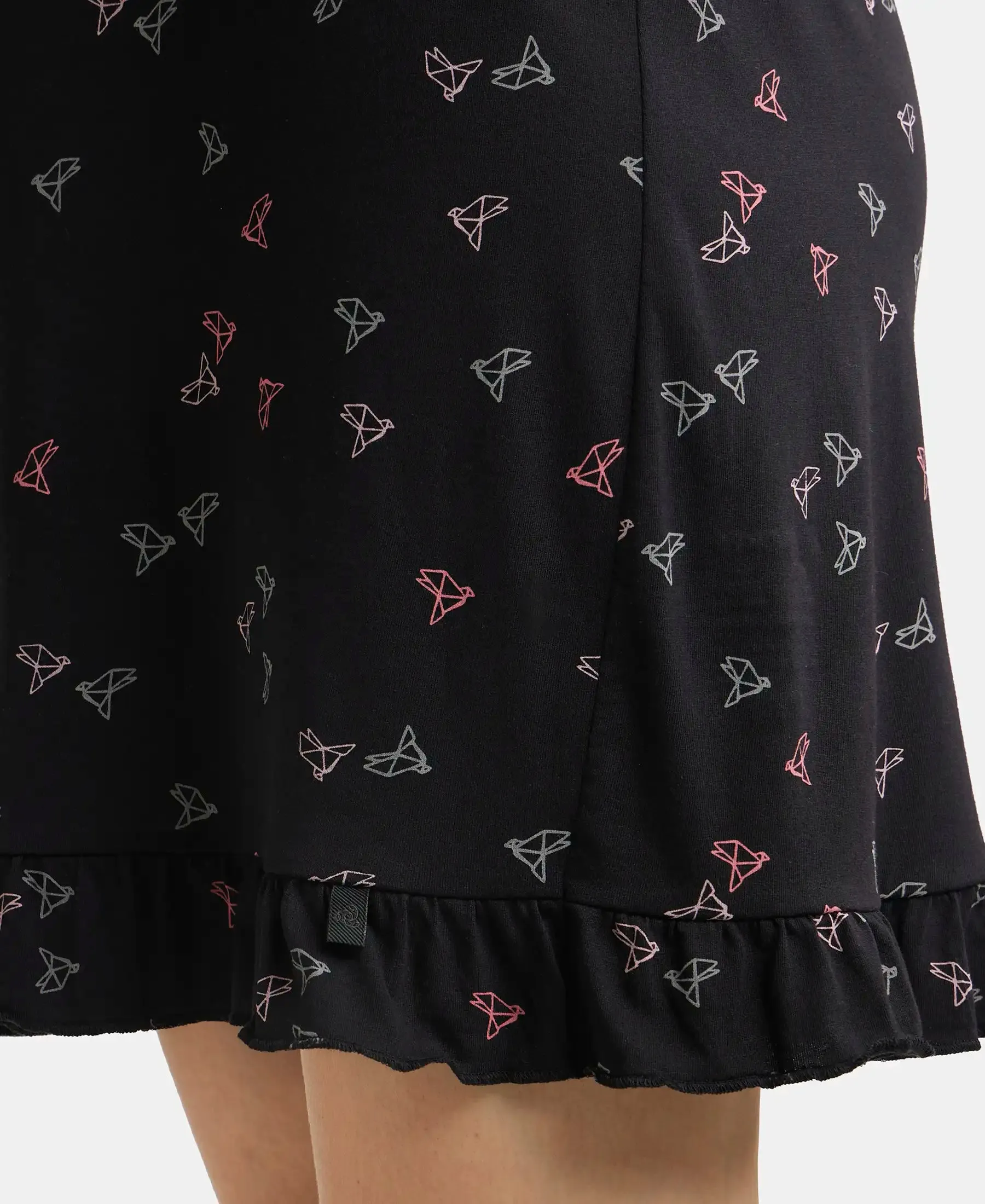 Micro Modal Cotton Ruffled Hem Styled Half Sleeve Printed Sleep Dress - Black