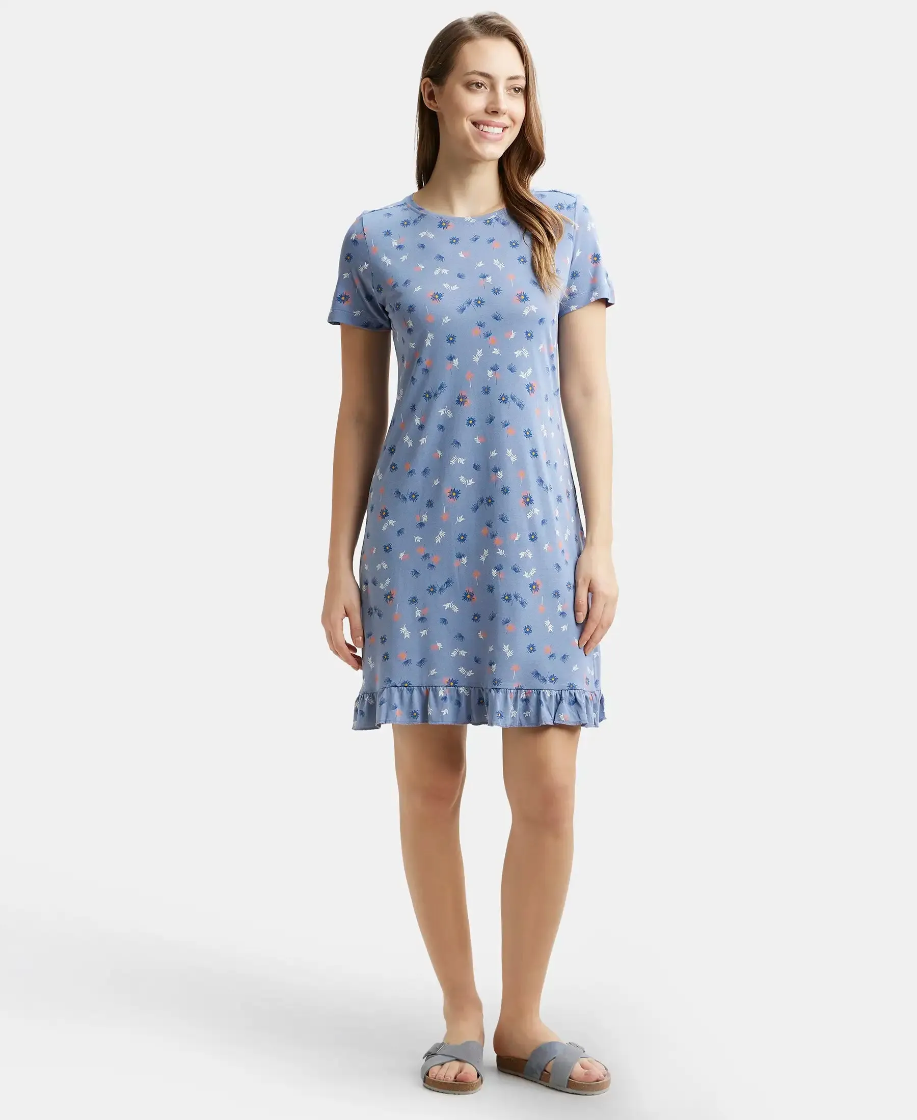 Micro Modal Cotton Ruffled Hem Styled Half Sleeve Printed Sleep Dress - Infinity Blue Assorted Prints