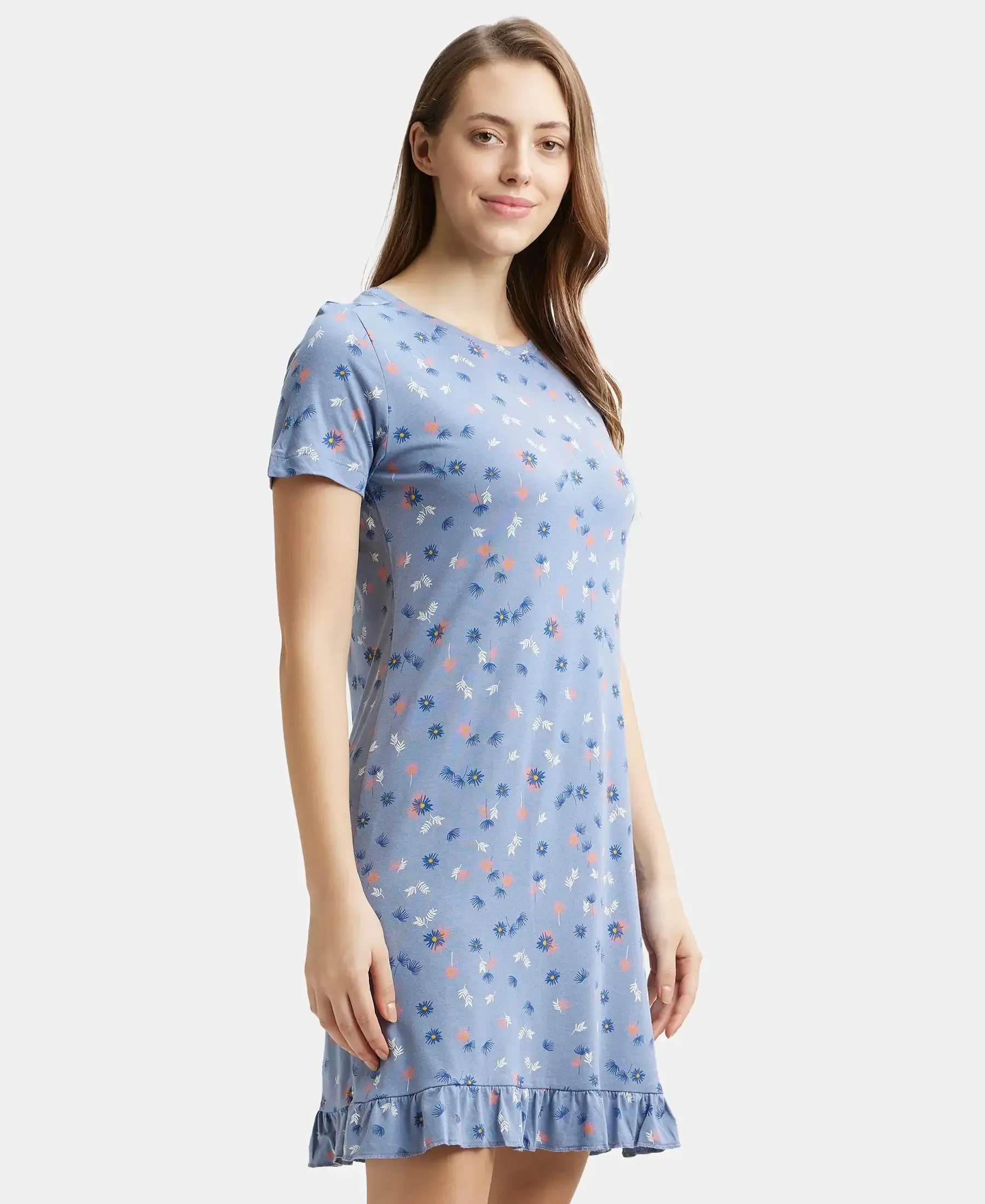 Micro Modal Cotton Ruffled Hem Styled Half Sleeve Printed Sleep Dress - Infinity Blue Assorted Prints