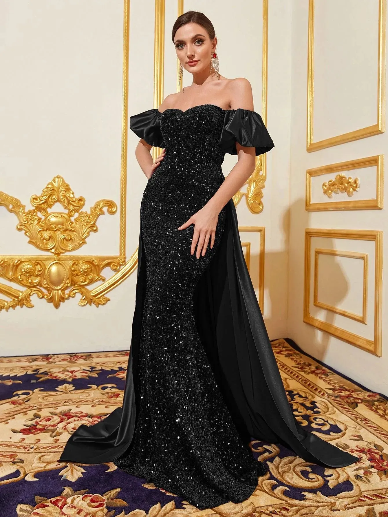 Off Shoulder Puff Sleeves Satin Sequin Mermaid Dress