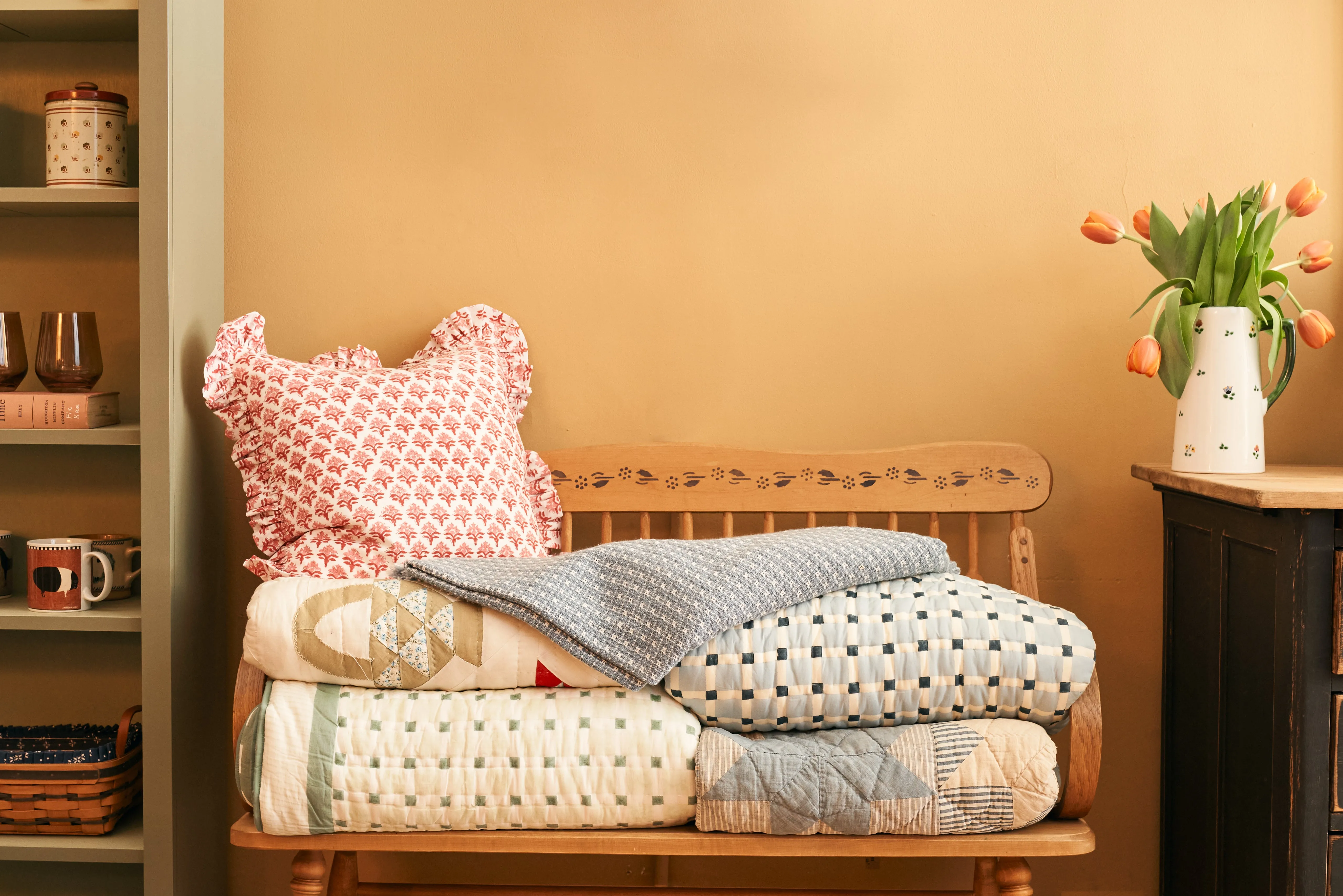 Red Flower Ruffled Pillow