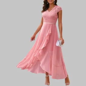 Summer New Evening Party Dress Women Elegant Fashion Sleeveless Lace Spliced Chiffon Ruffled Irregular Hem Long Dresses Cocktail