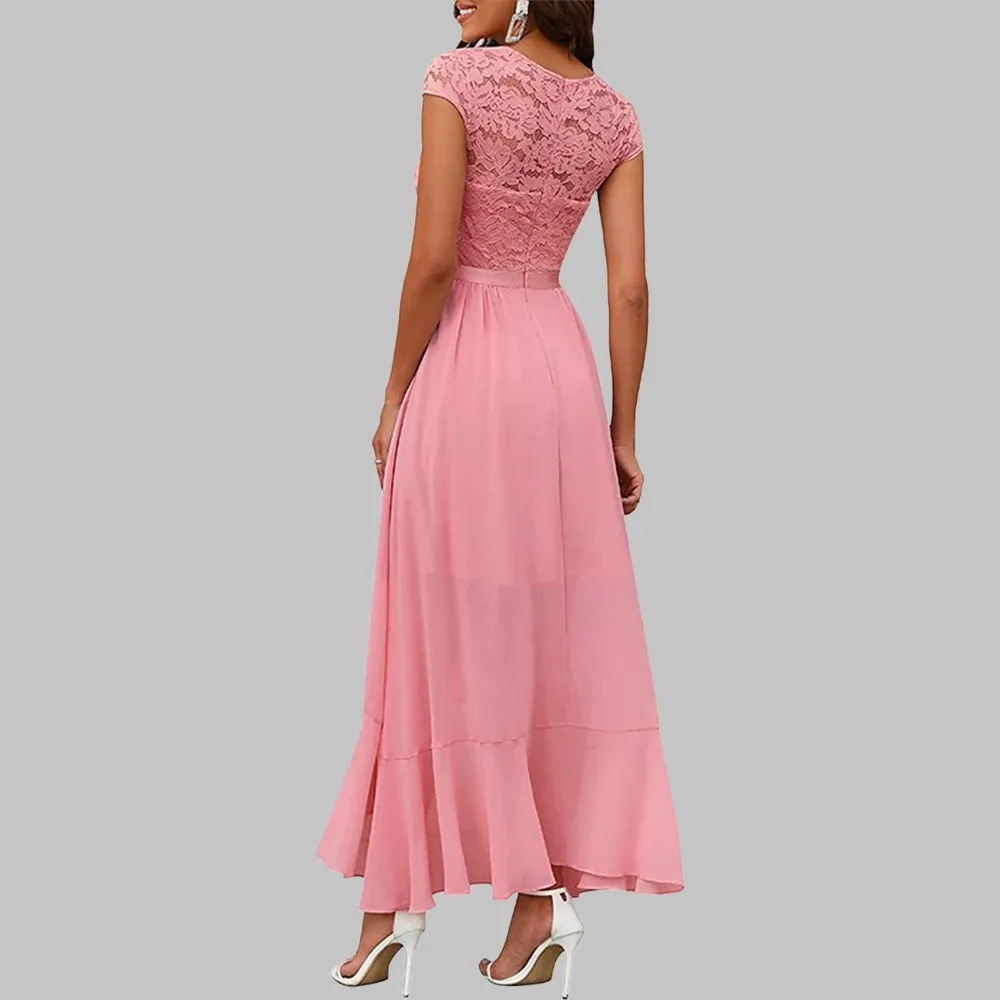 Summer New Evening Party Dress Women Elegant Fashion Sleeveless Lace Spliced Chiffon Ruffled Irregular Hem Long Dresses Cocktail