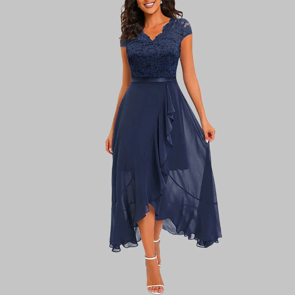 Summer New Evening Party Dress Women Elegant Fashion Sleeveless Lace Spliced Chiffon Ruffled Irregular Hem Long Dresses Cocktail